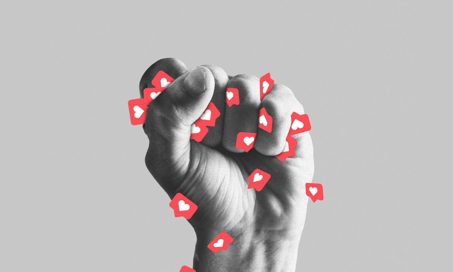 Fist holding multiple social media notification boxes with hearts