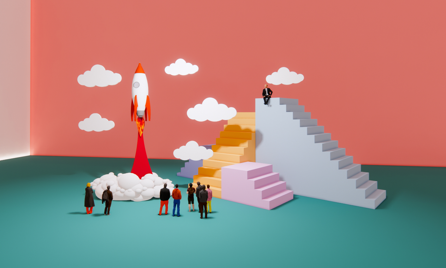 illustration of business people looking up at rocketship to signify marketing growth