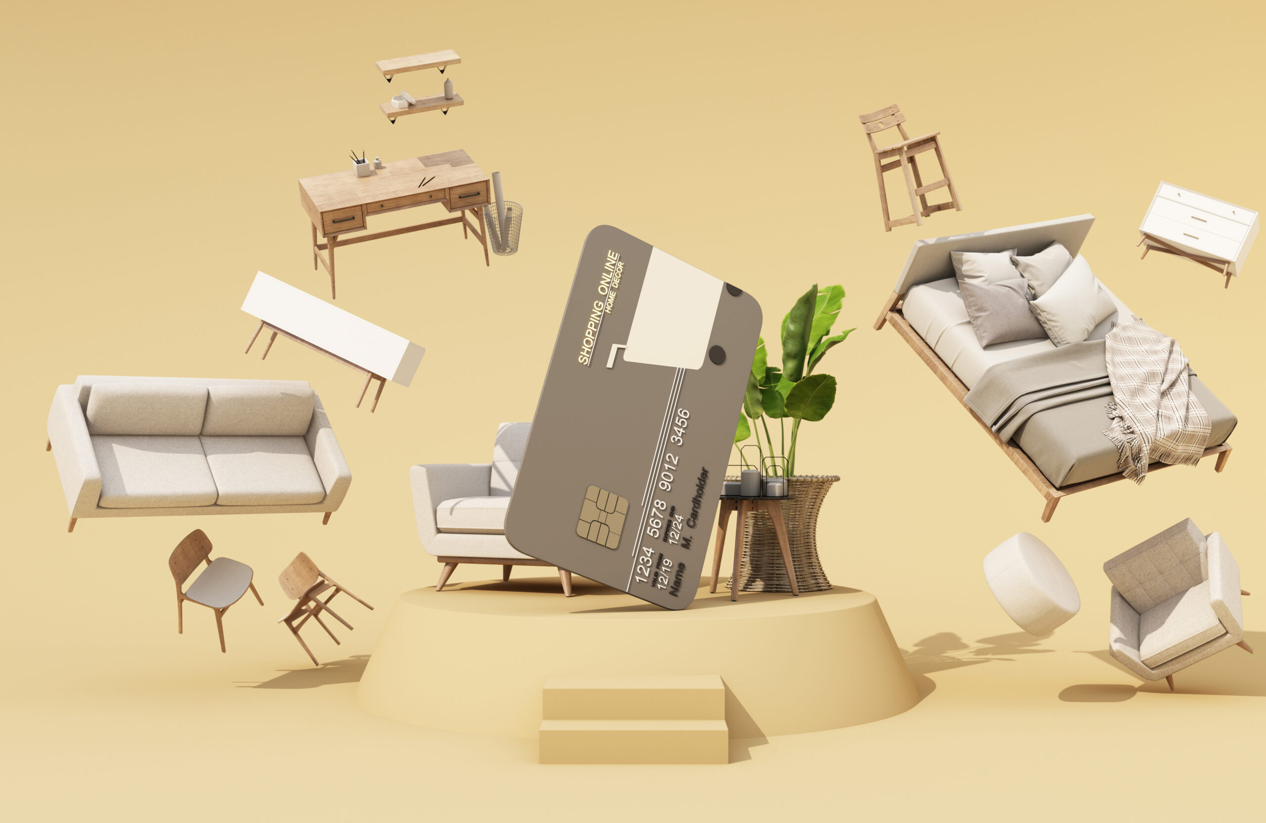 Credit card with furniture pieces, buying habits for home goods consumers