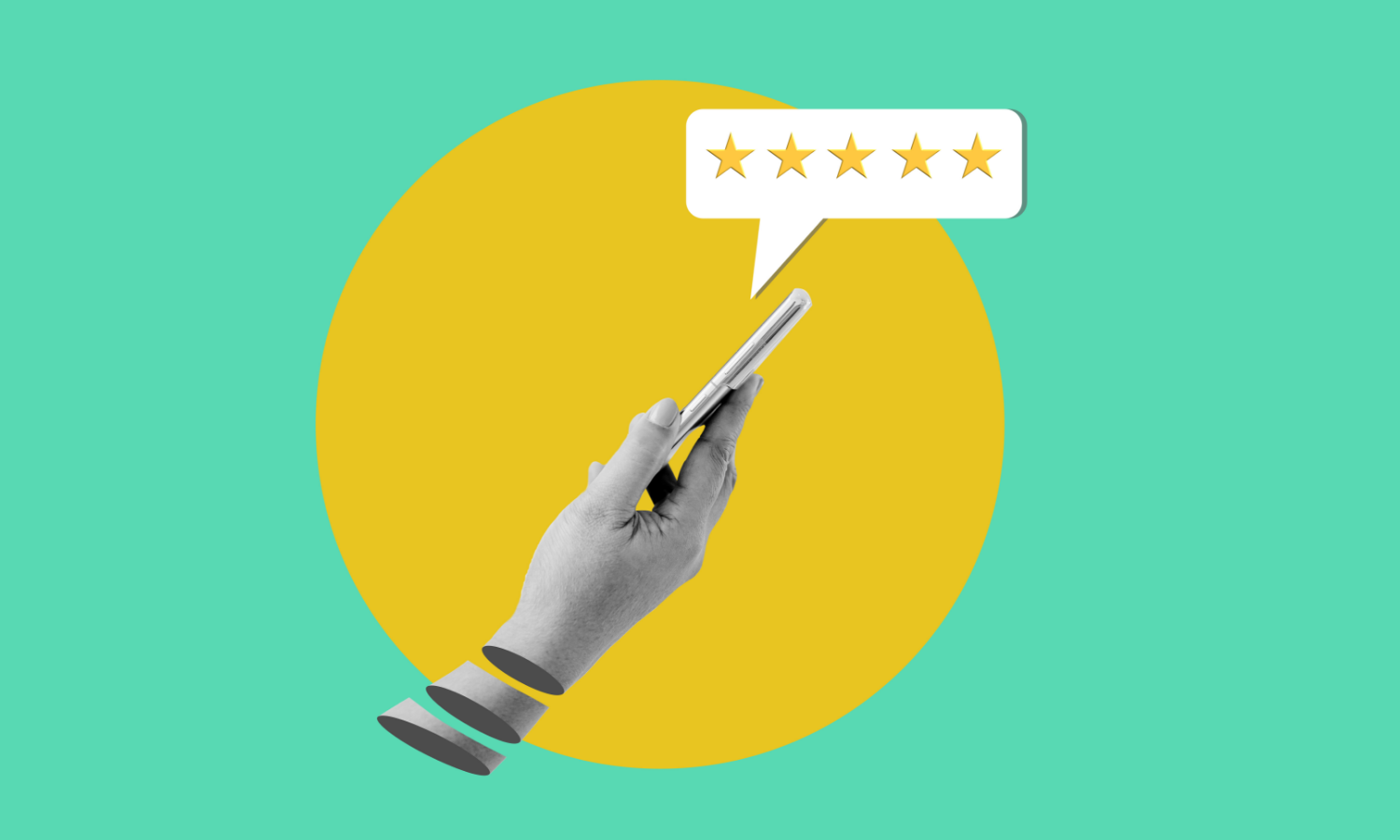 hand holding a smartphone leaving a 5 star review
